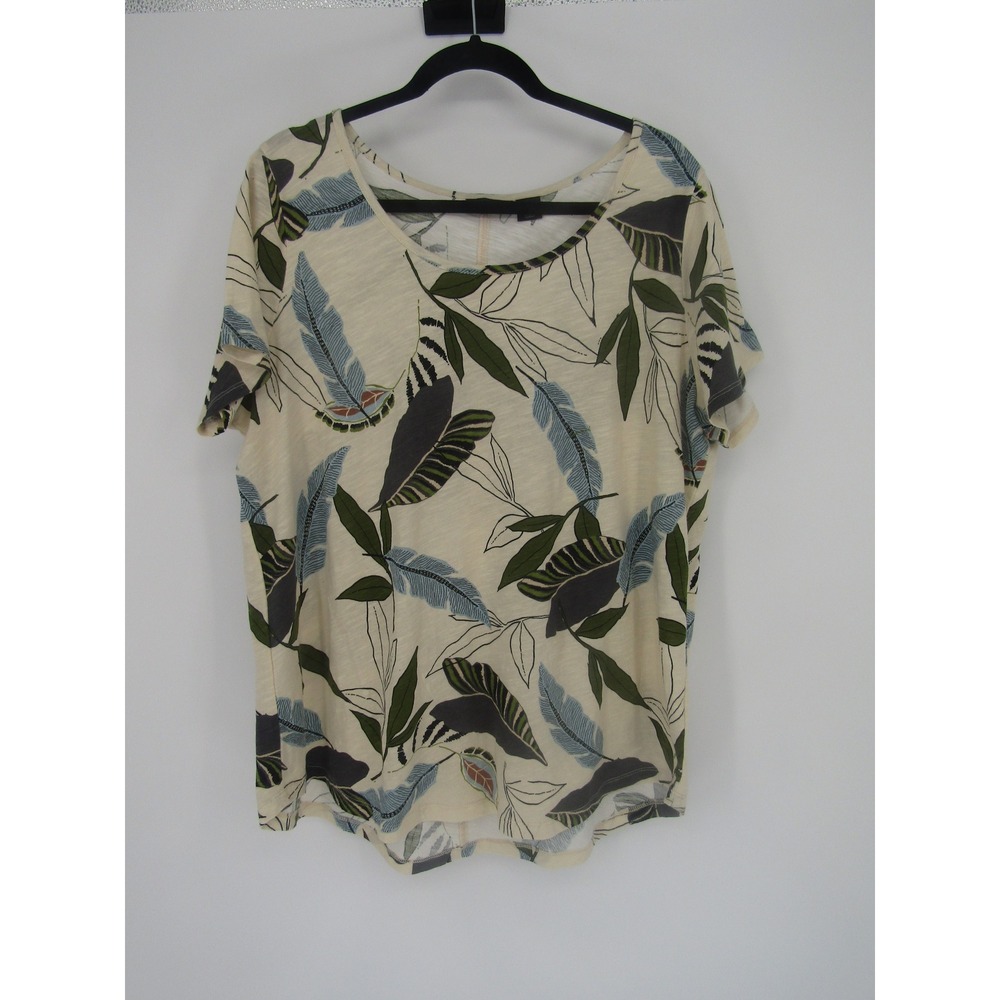 Tahari T-Shirt Womens 1X Cream Tropical Leaf Print Cotton Scoop Neck Tropical